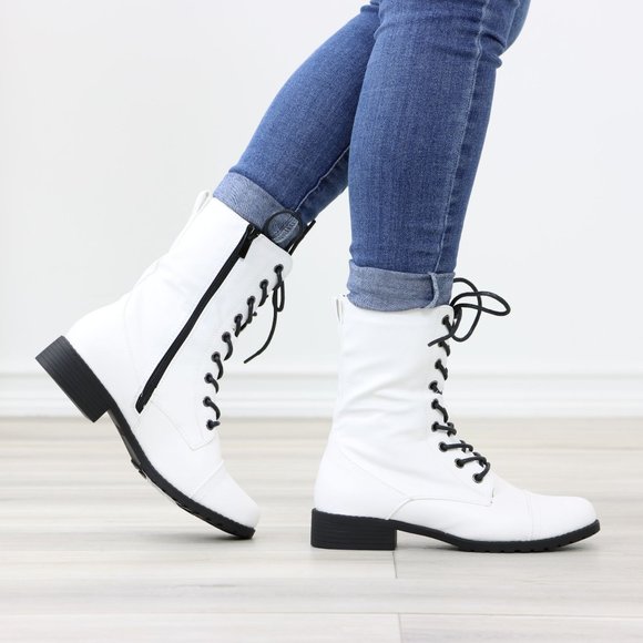 White Synthetic Leather Low Heel Round Toe Above Ankle Combat Boots - Picture 13 of 13